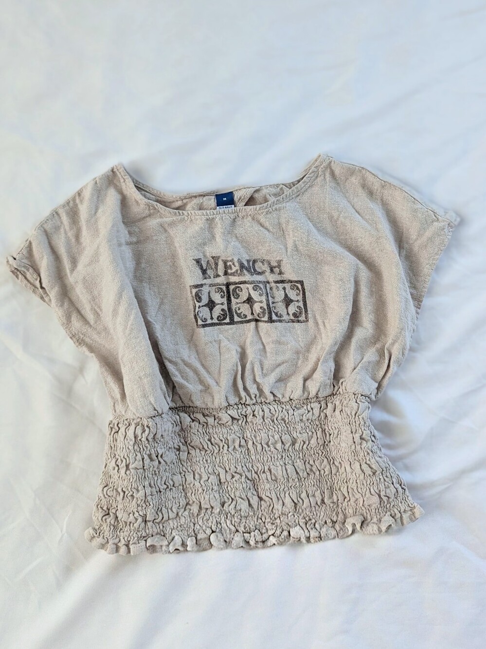 Old Navy Beige Smocked-Waist Crop Top with Graphic